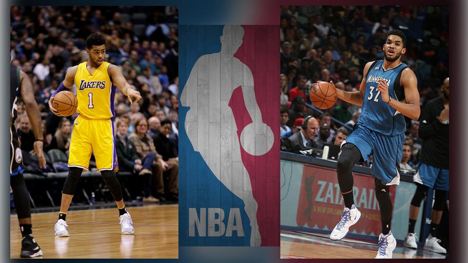 D'Angelo Russell (kiri/Lakers) dan Karl-Anthony Towns (Minnesota Timberwolves) - INDOSPORT